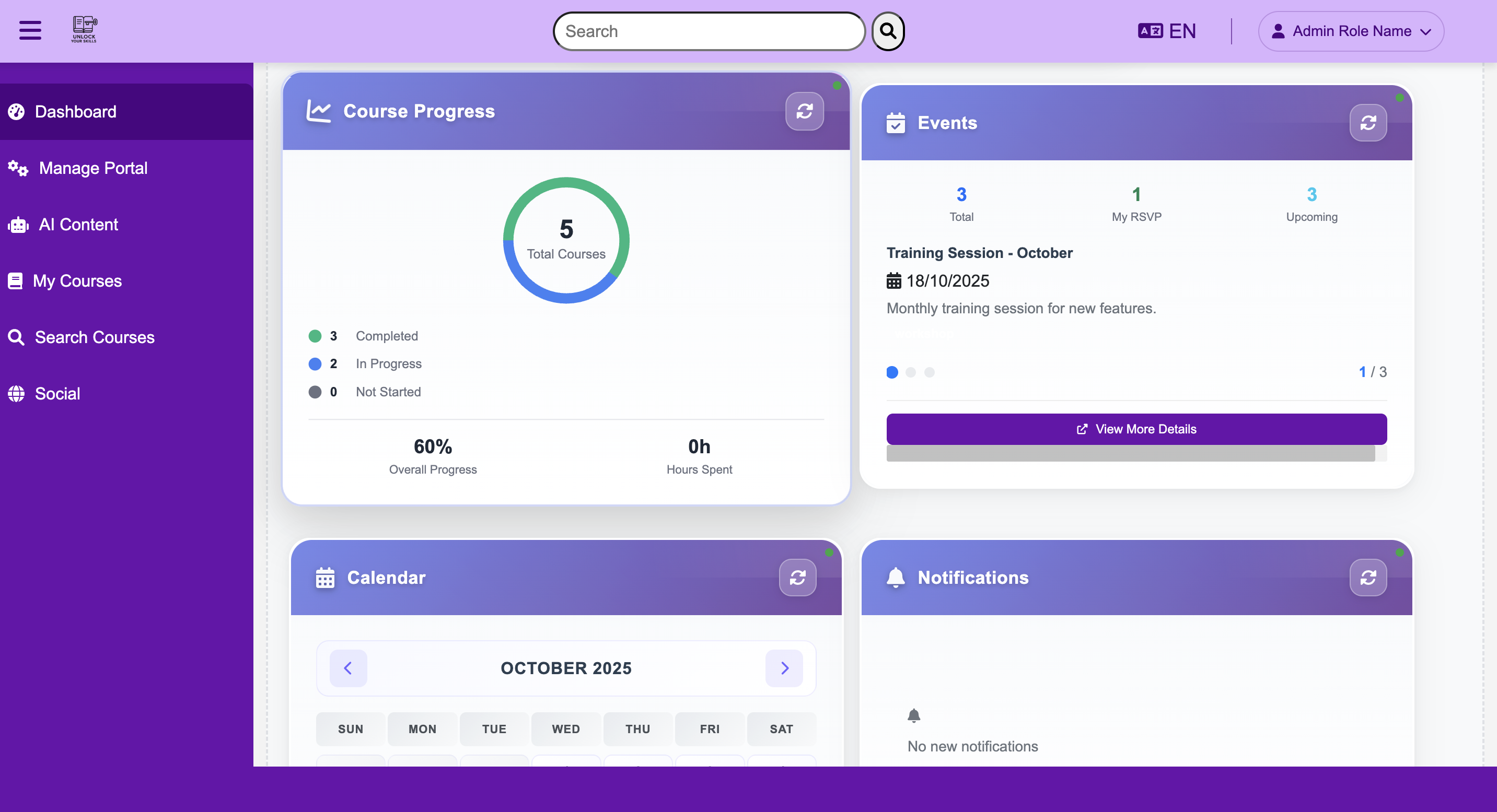 UnlockYourSkills Dashboard - Enterprise LMS Interface